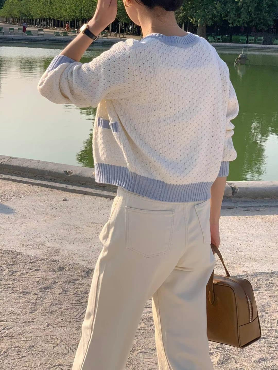 Aelia constrasting edge hollow pattern knitted cardigan with retro gold button