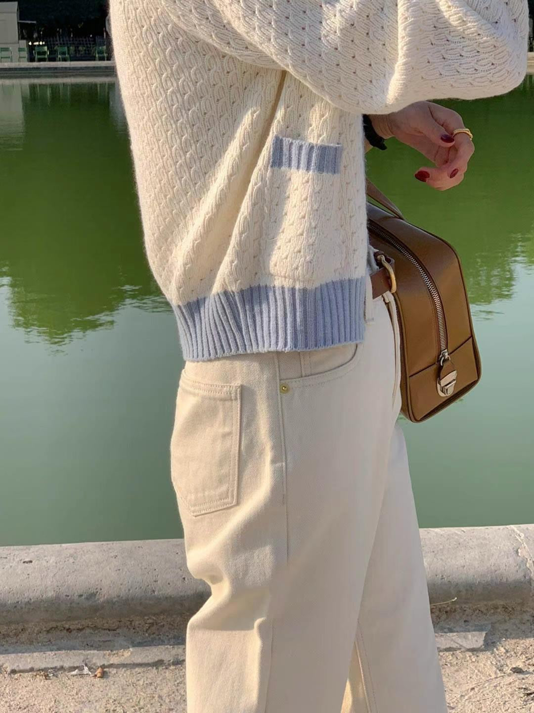 Aelia constrasting edge hollow pattern knitted cardigan with retro gold button