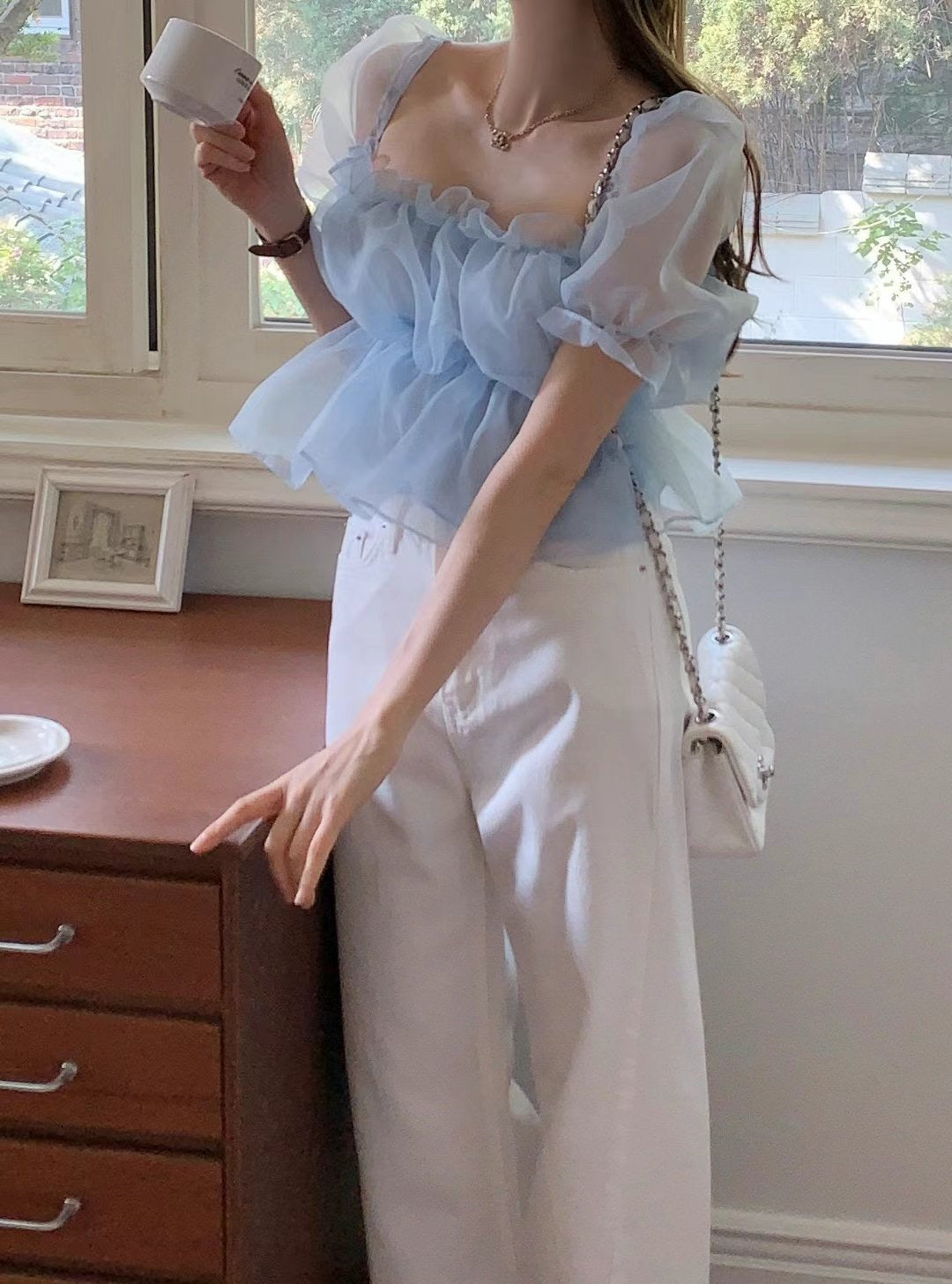 Organza shirred short sleeve blouse