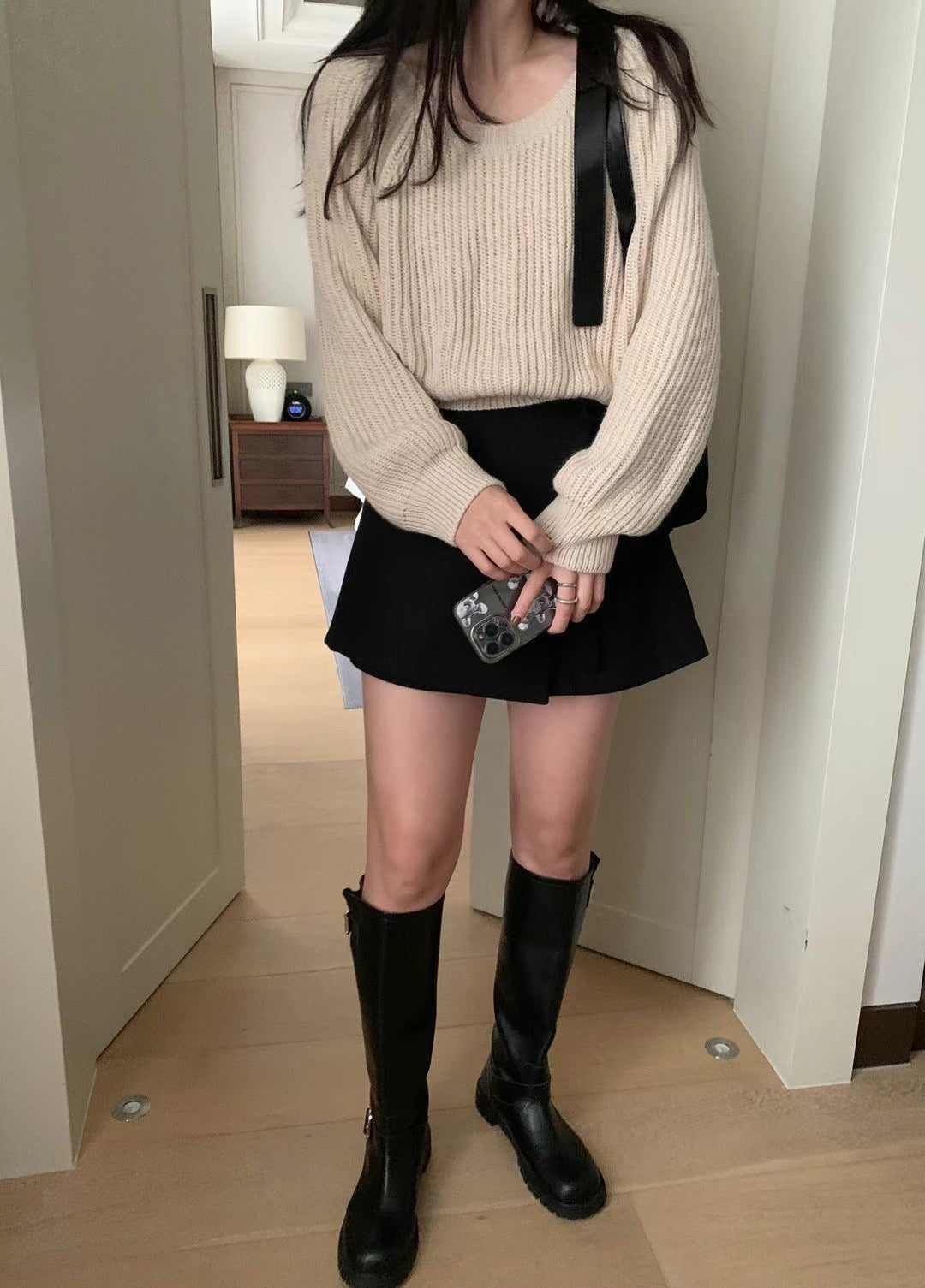 Aurora French style sweet short knit sweater -beige
