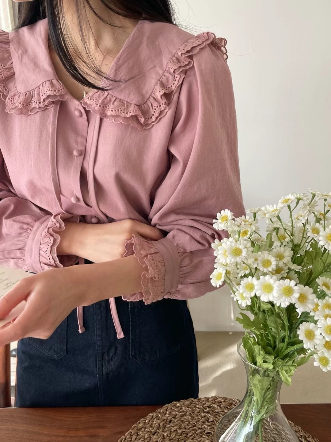 Erin premium lace trim blouse-Rose
