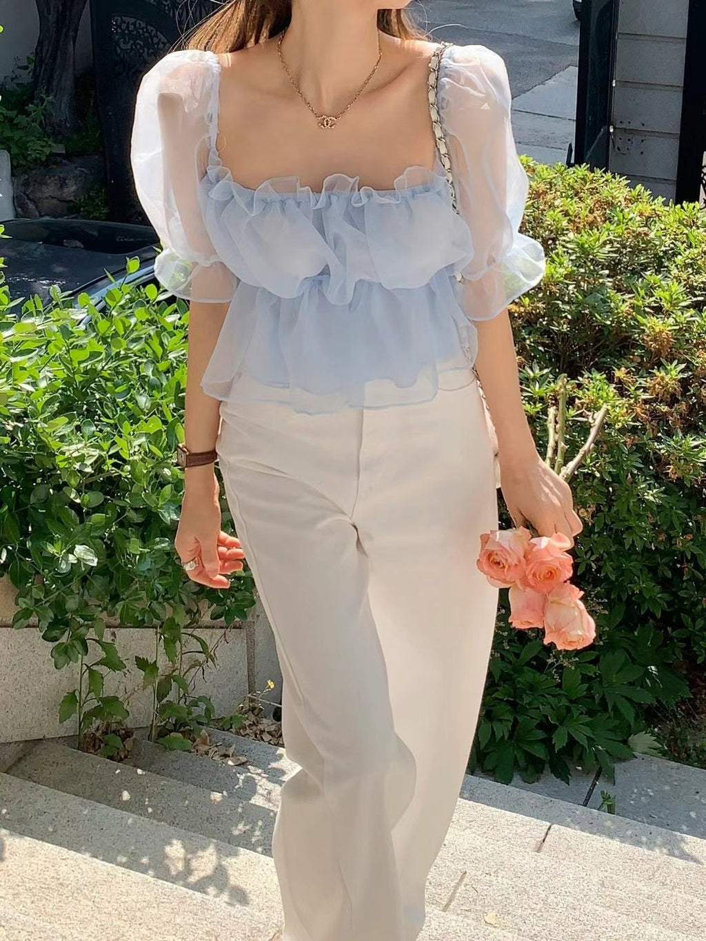 Organza shirred short sleeve blouse