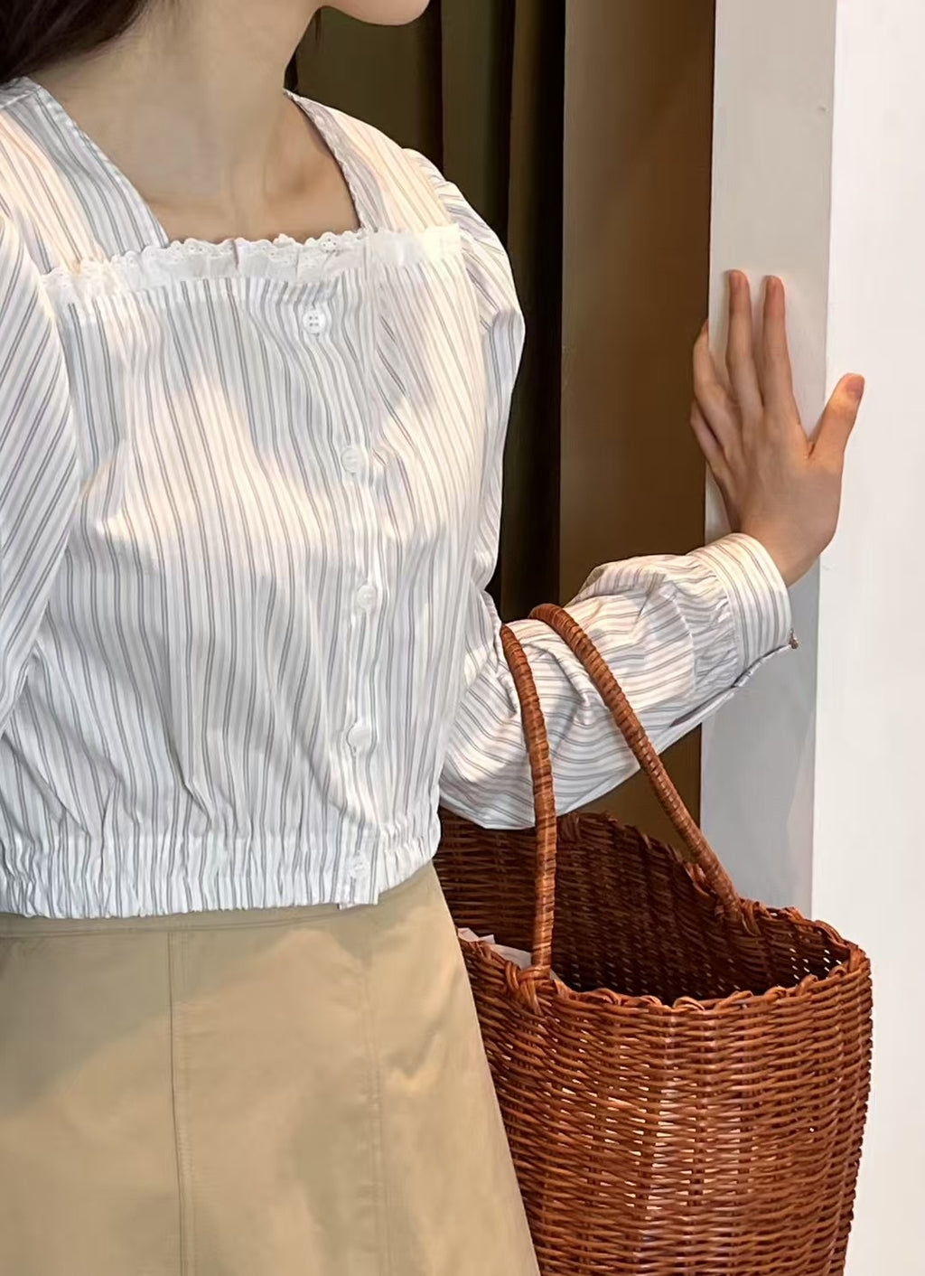 Lace stripe blouse long sleeve