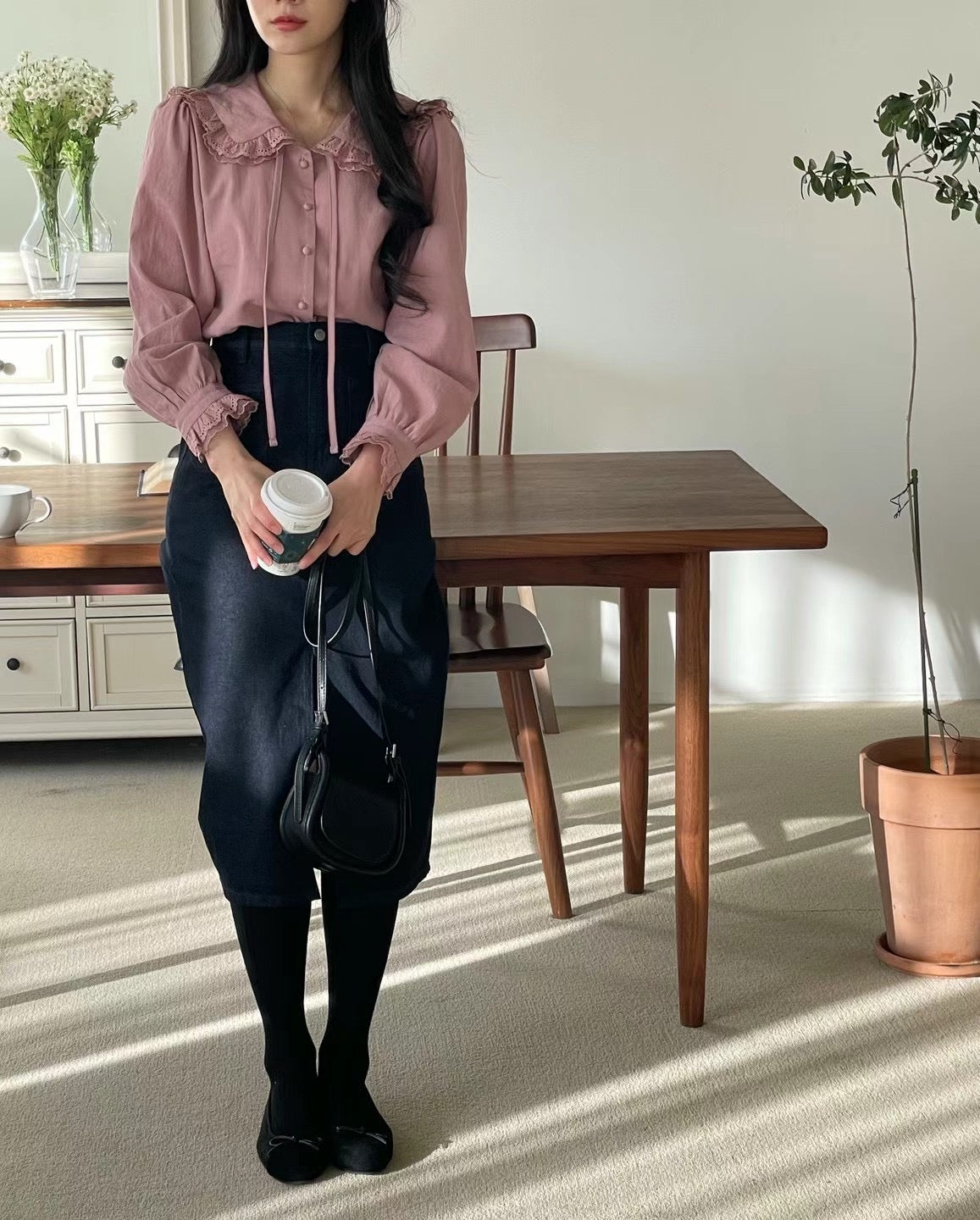Erin premium lace trim blouse-Rose