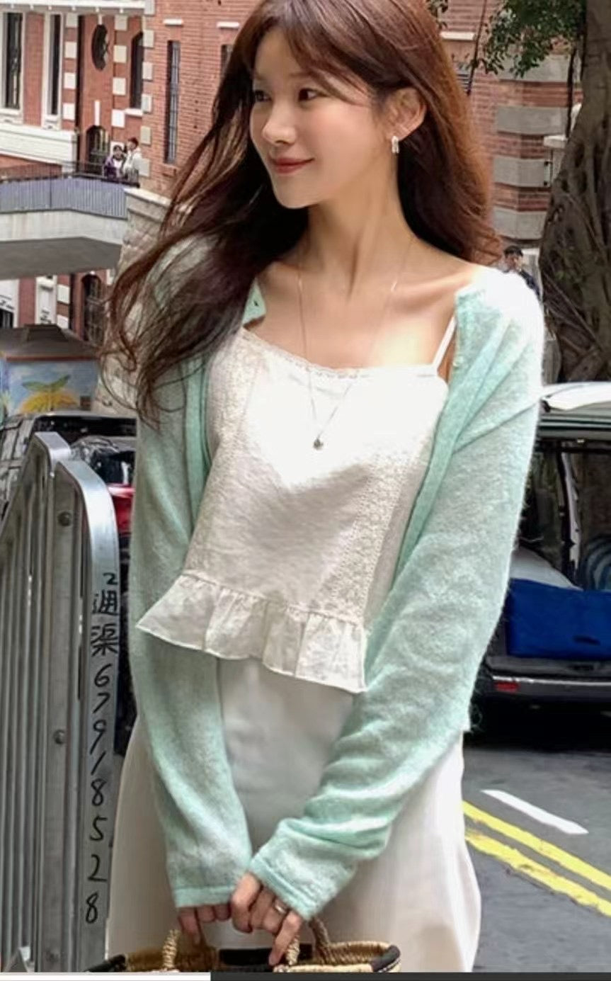 Mina lady button thin cardigan green