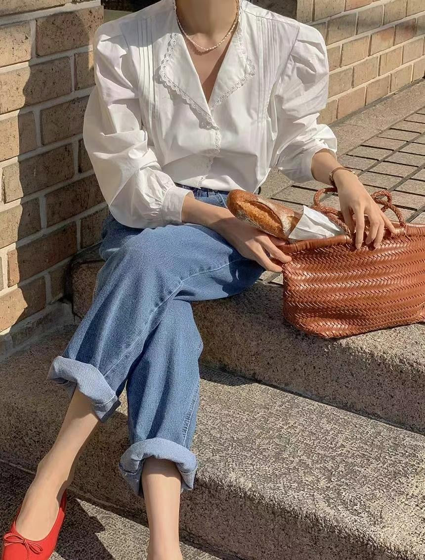 Heart lace pin-tuck blouse