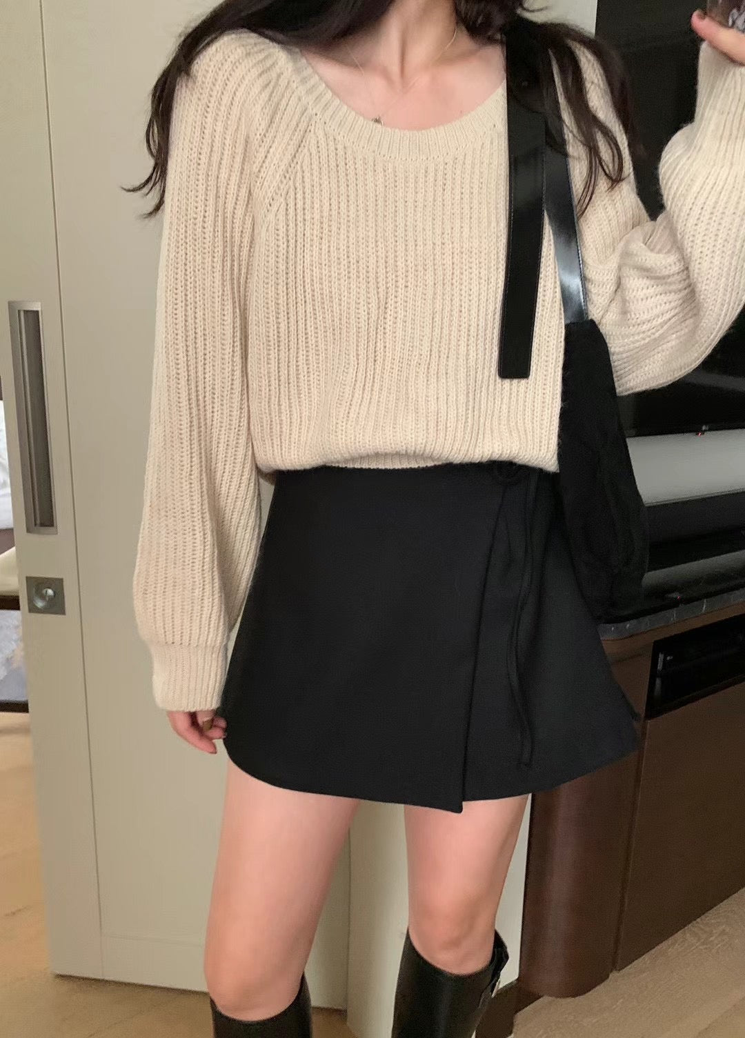 Aurora French style sweet short knit sweater -beige