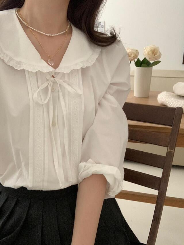 Hazel lace trimmed ribbon collar blouse