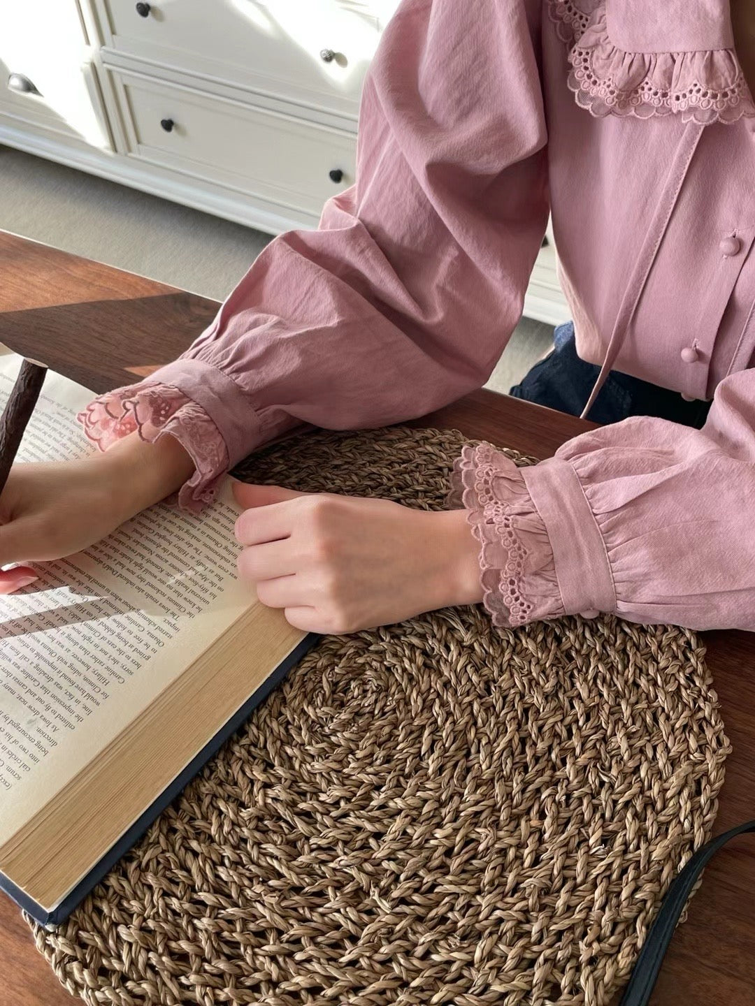 Erin premium lace trim blouse-Rose