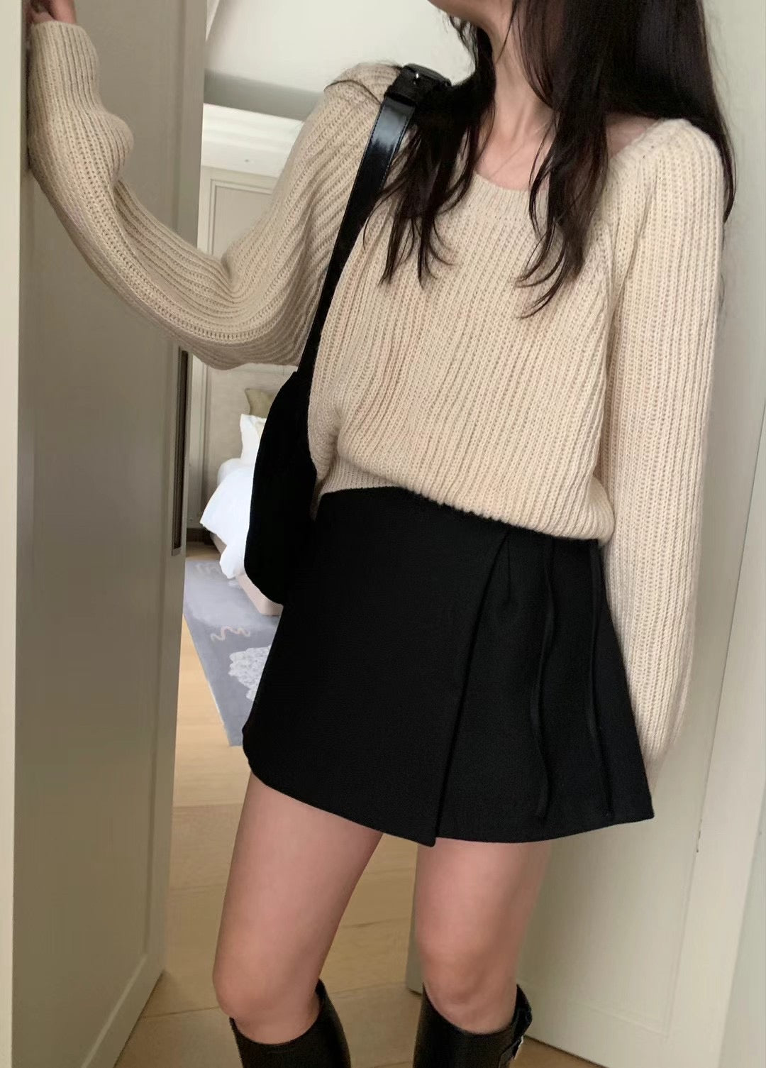 Aurora French style sweet short knit sweater -beige