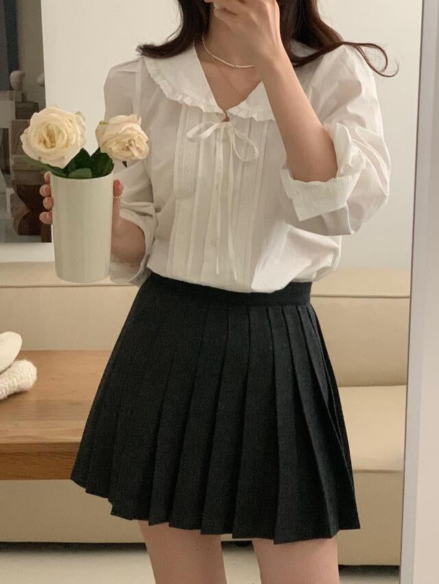 Hazel lace trimmed ribbon collar blouse
