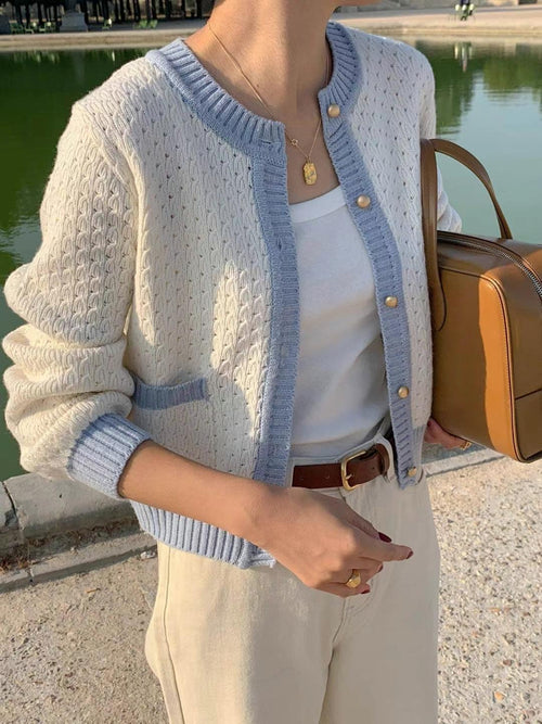 Aelia constrasting edge hollow pattern knitted cardigan with retro gold button