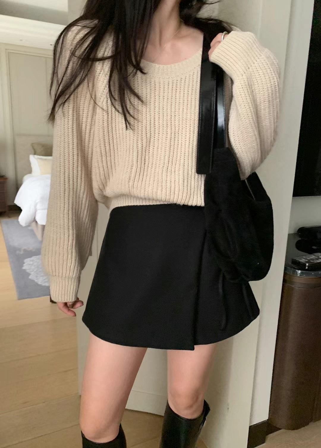 Aurora French style sweet short knit sweater -beige