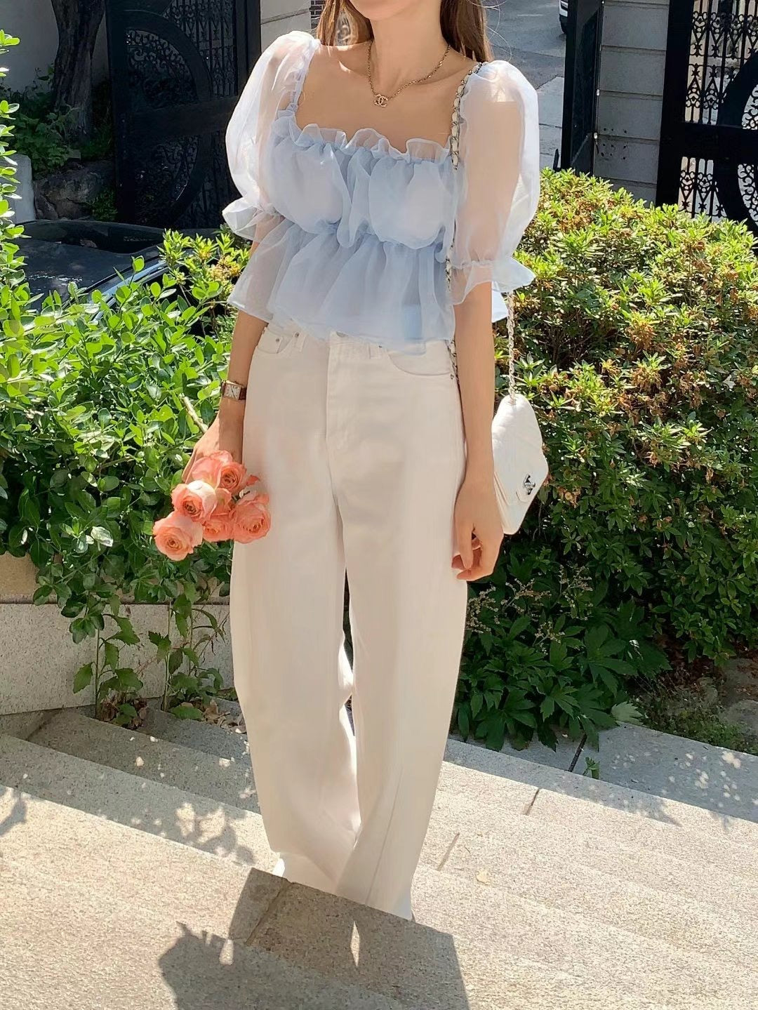 Organza shirred short sleeve blouse