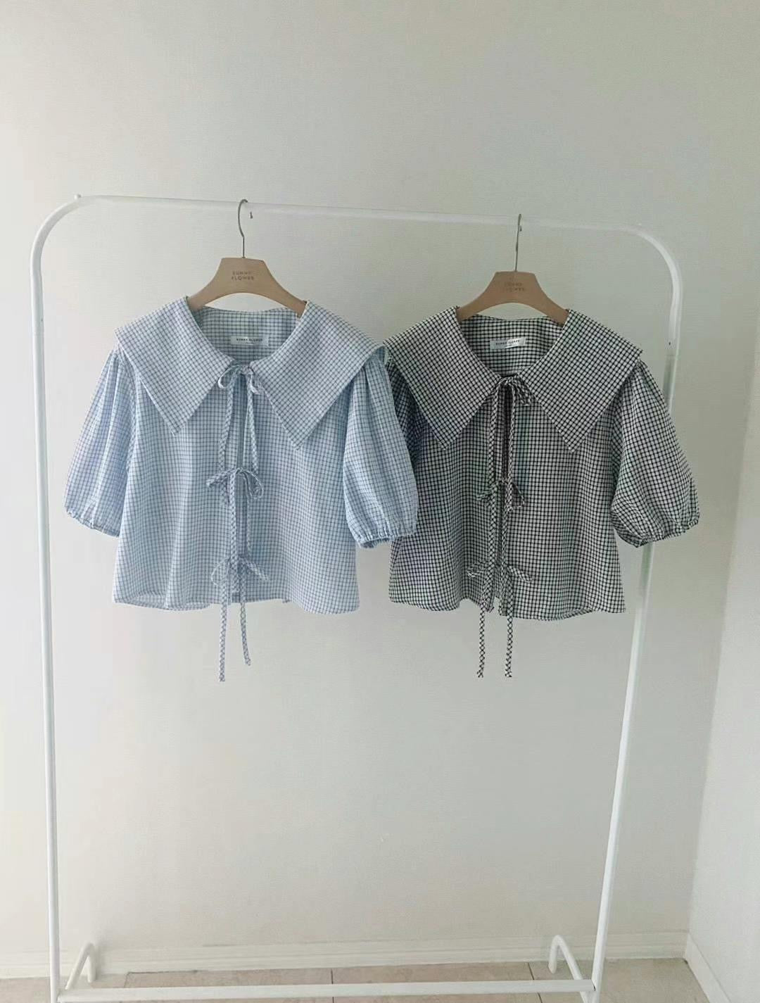 Minky Check Sailor Puff Blouse