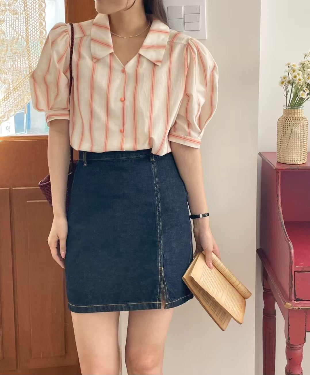 Stripe short sleeve blouse