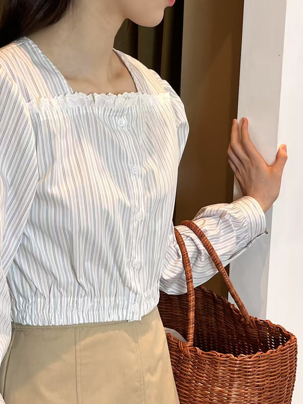 Lace stripe blouse long sleeve