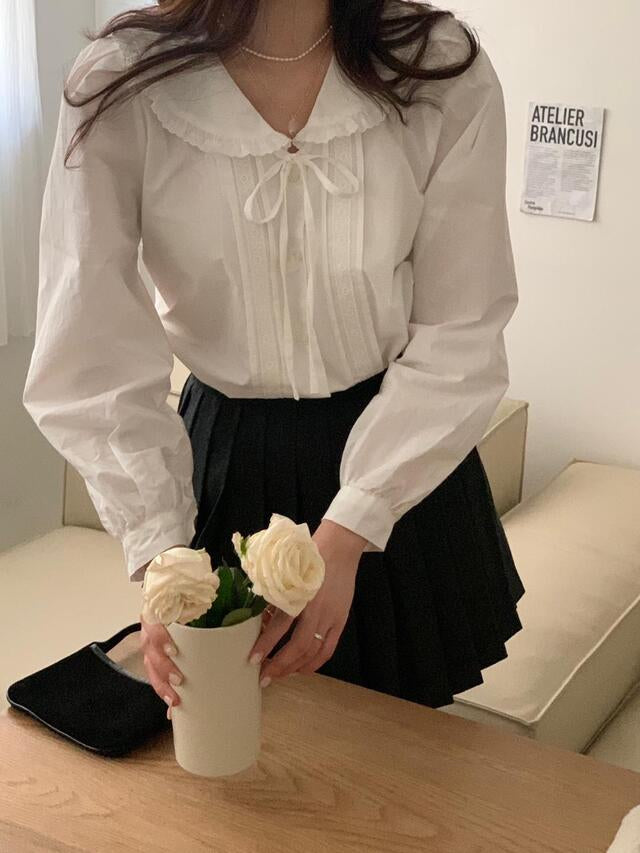 Hazel lace trimmed ribbon collar blouse