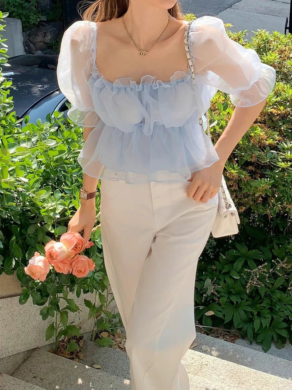 Organza shirred short sleeve blouse