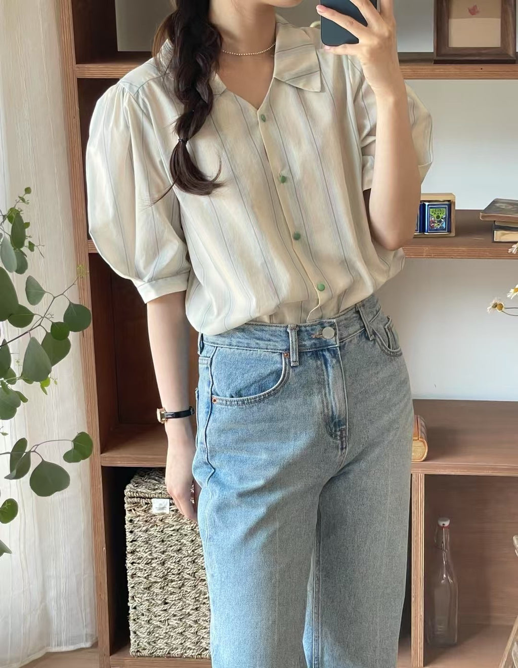 Stripe short sleeve blouse