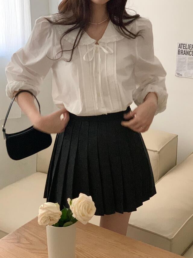 Hazel lace trimmed ribbon collar blouse