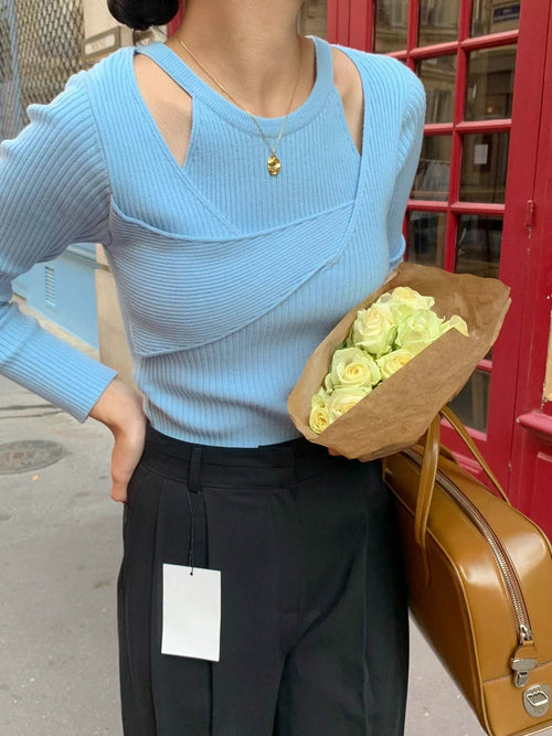 Alice fake two-piece set of long-sleeved knitwear (Blue)