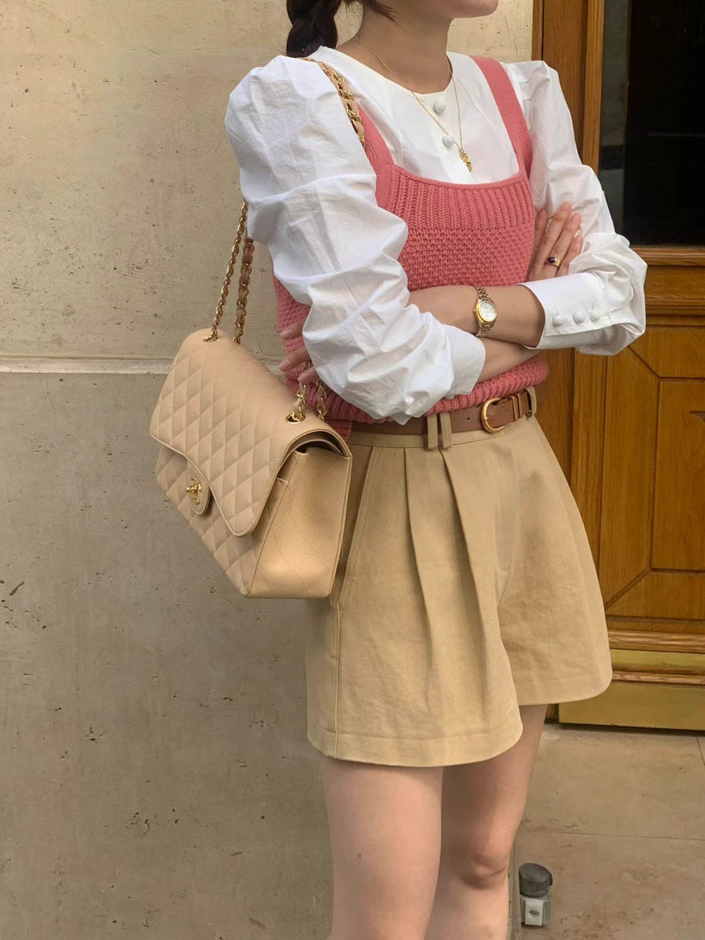 Sofia white blouse with pink wool knitted vest set