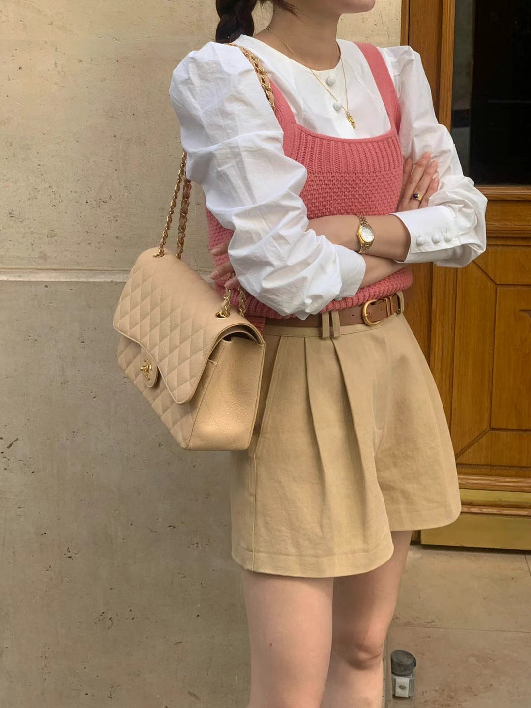 Sofia white blouse with pink wool knitted vest set