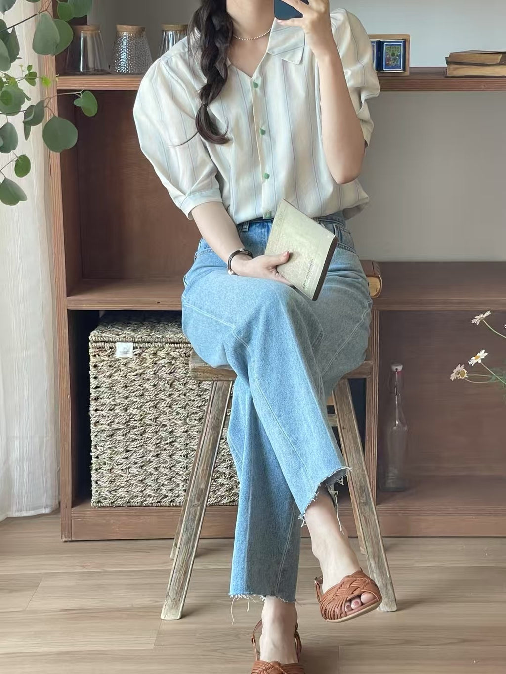 Stripe short sleeve blouse