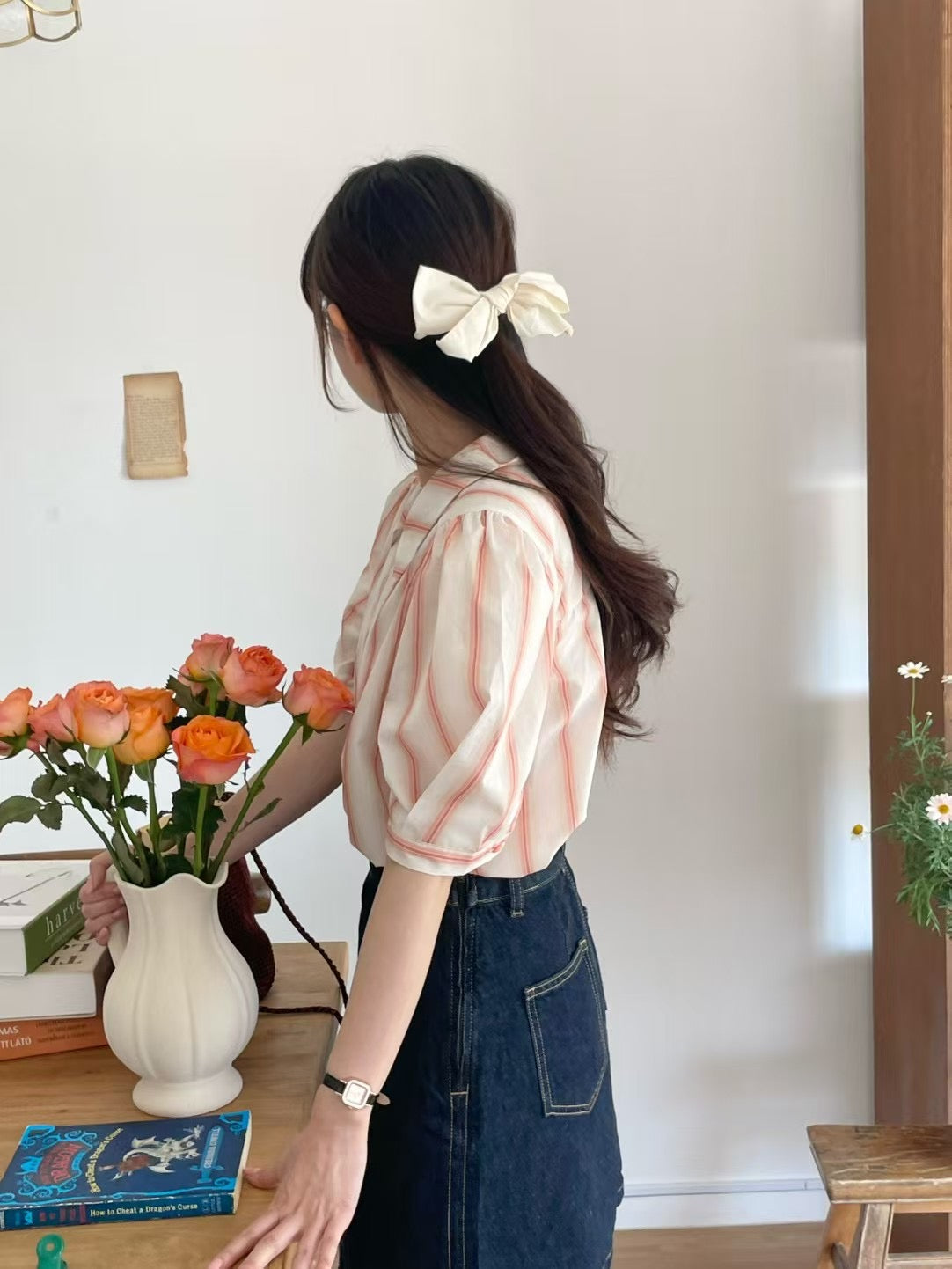 Stripe short sleeve blouse