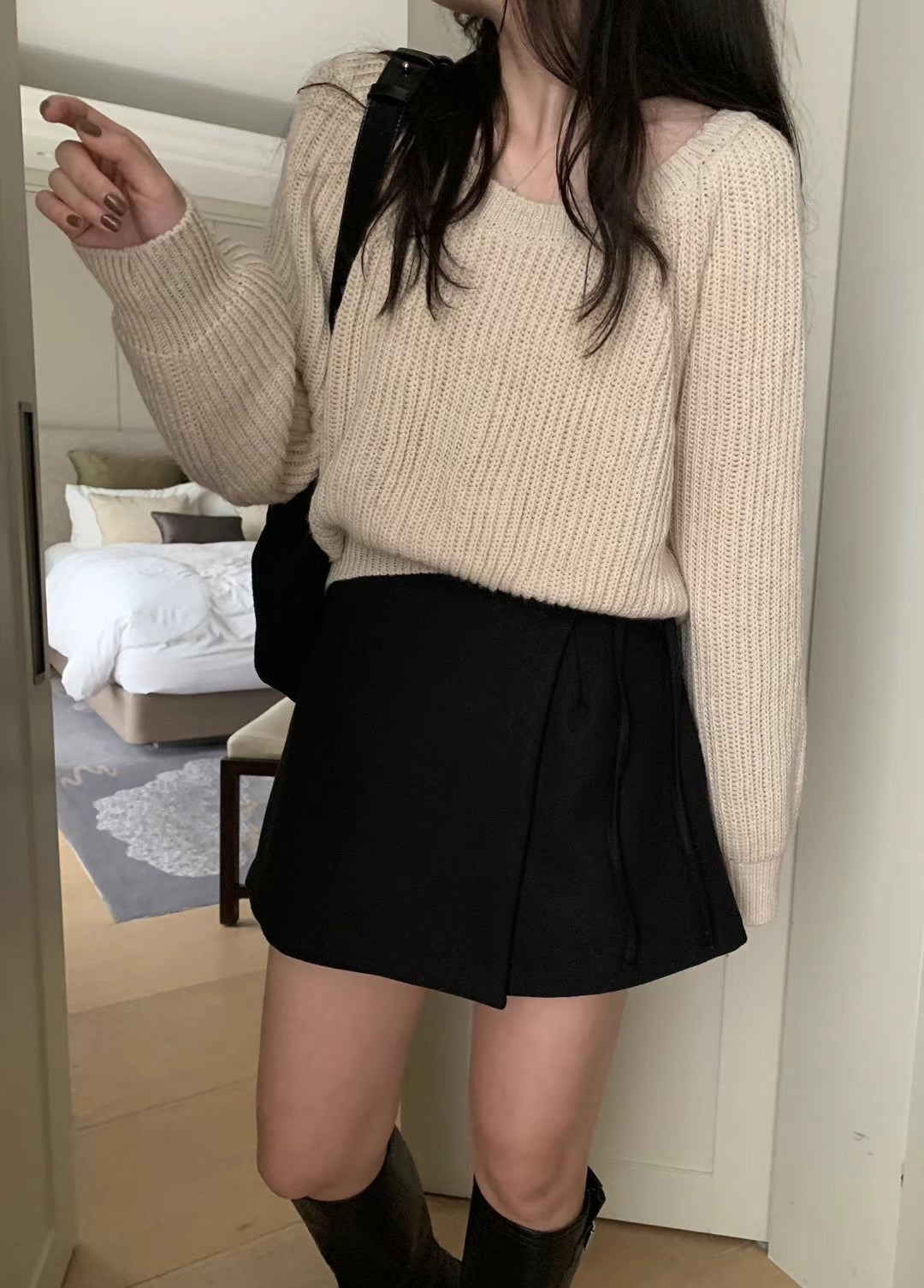 Aurora French style sweet short knit sweater -beige