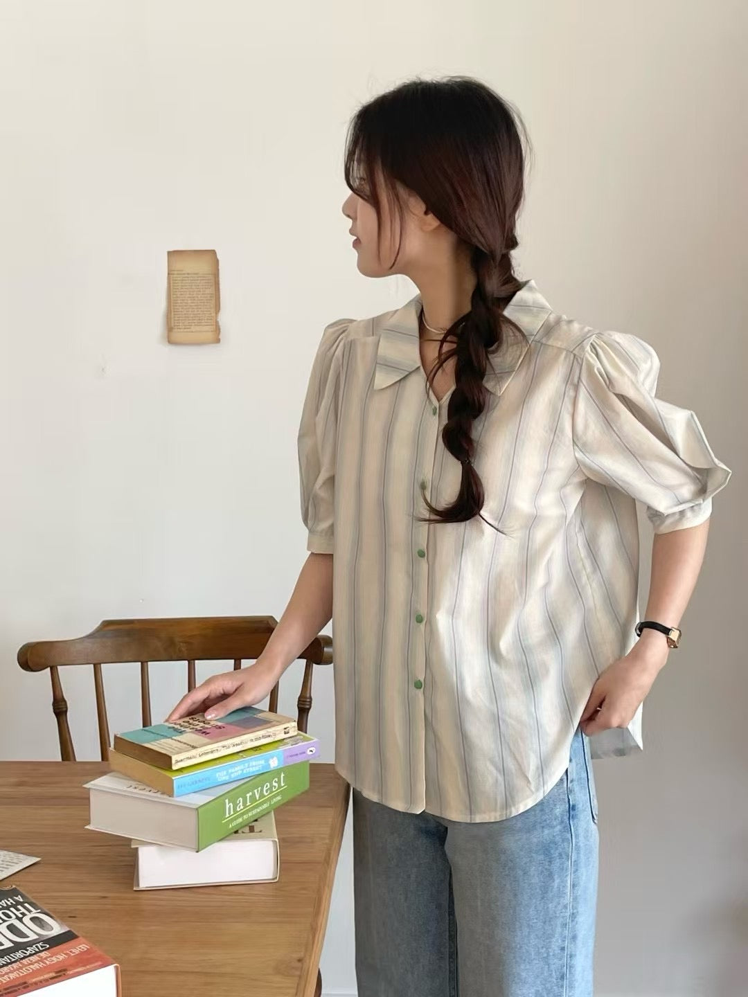 Stripe short sleeve blouse