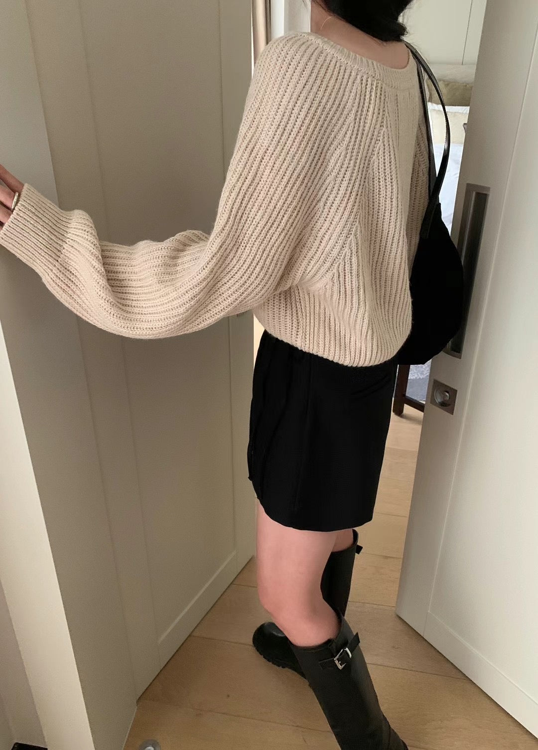 Aurora French style sweet short knit sweater -beige
