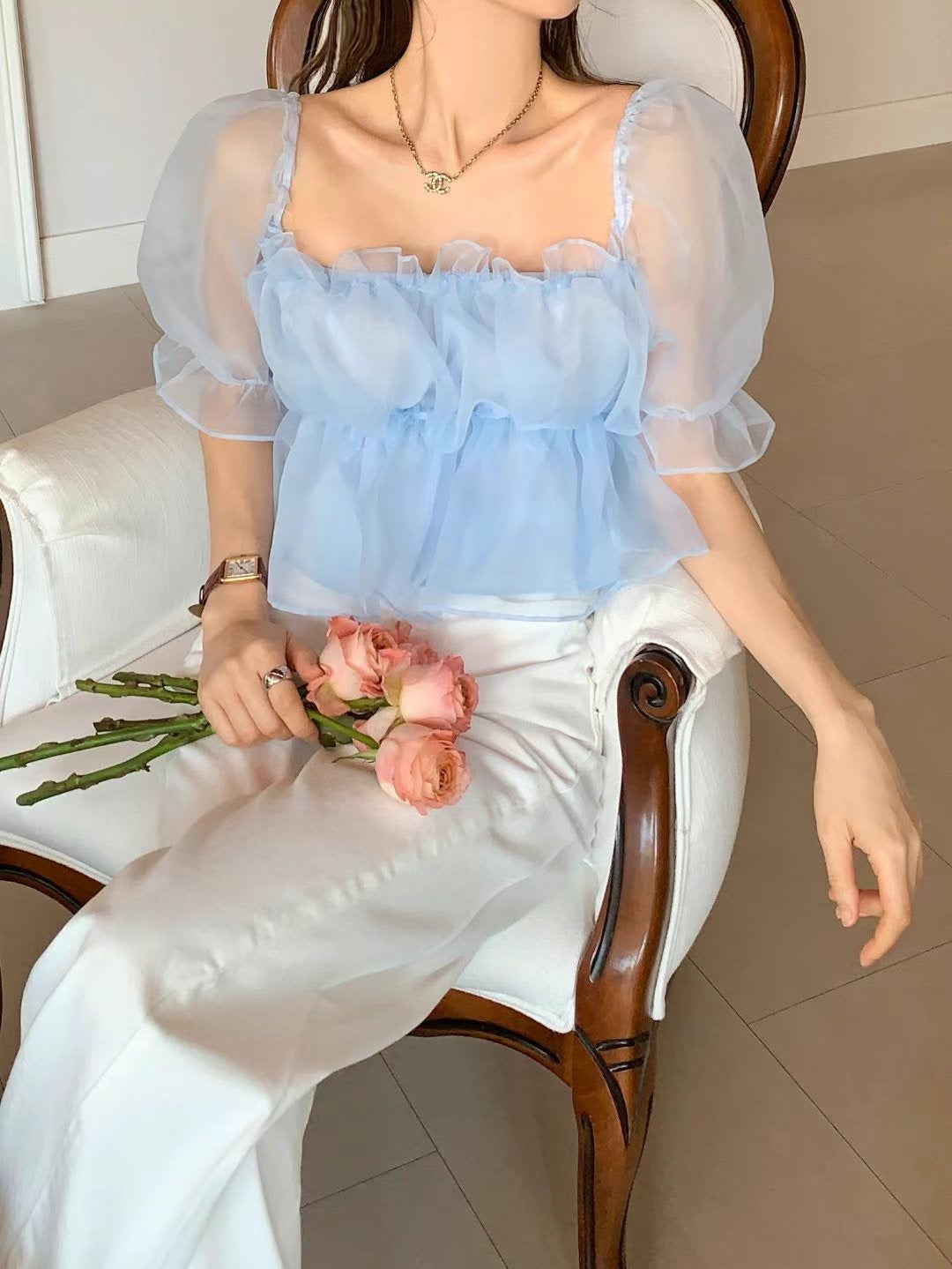 Organza shirred short sleeve blouse