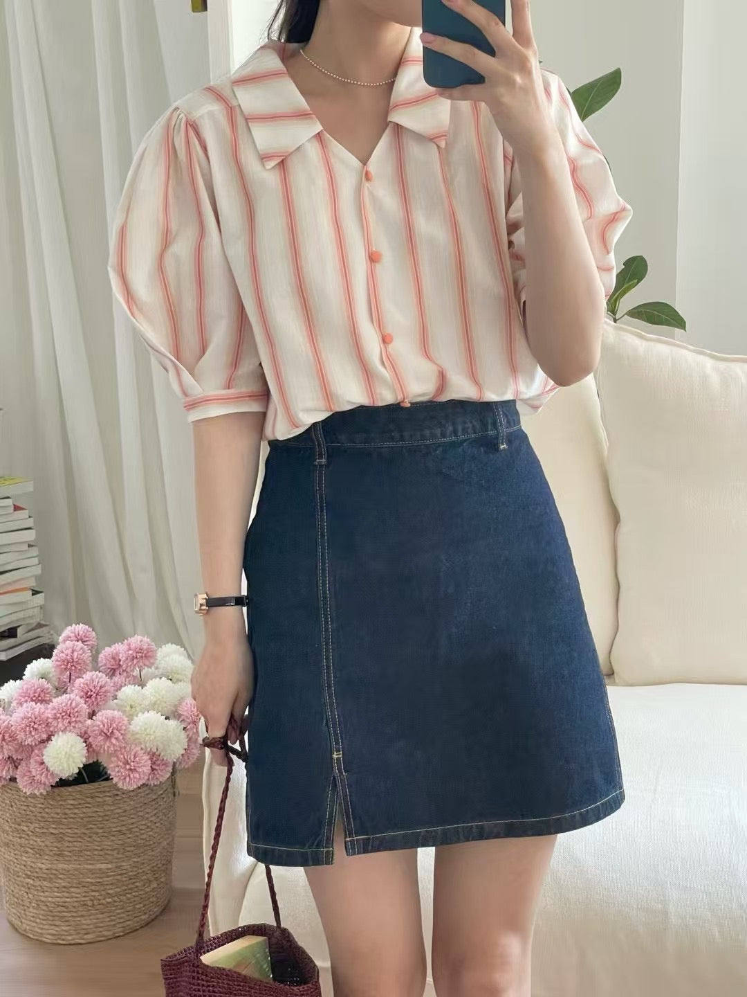 Stripe short sleeve blouse