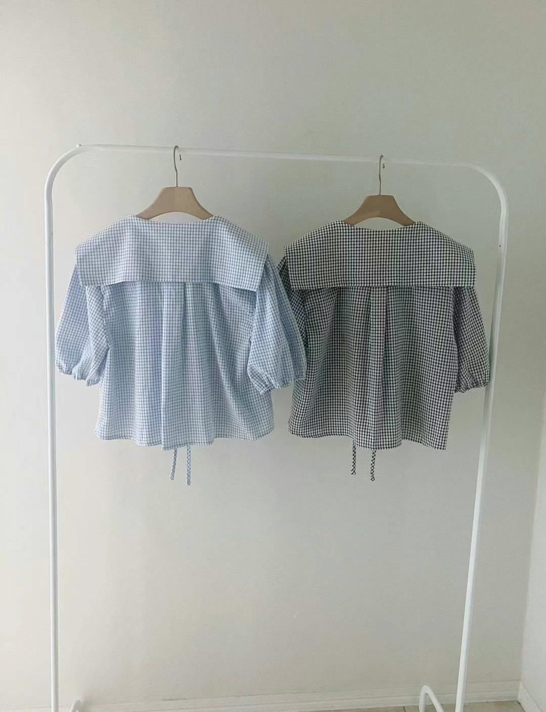 Minky Check Sailor Puff Blouse