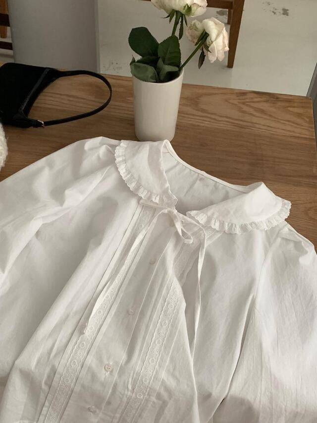Hazel lace trimmed ribbon collar blouse