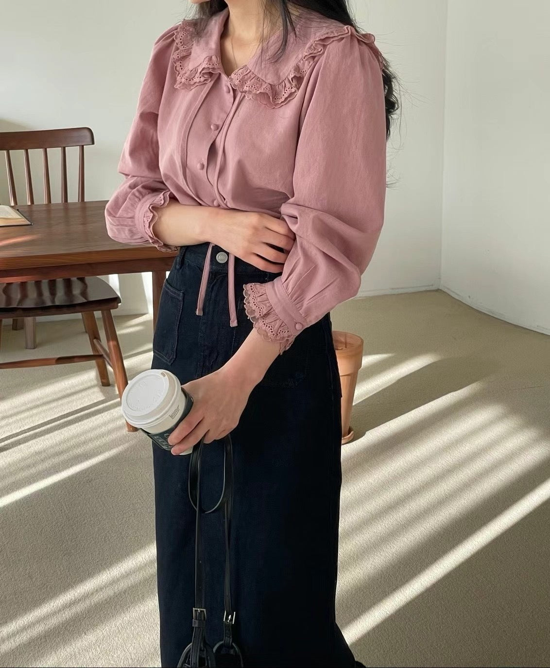 Erin premium lace trim blouse-Rose