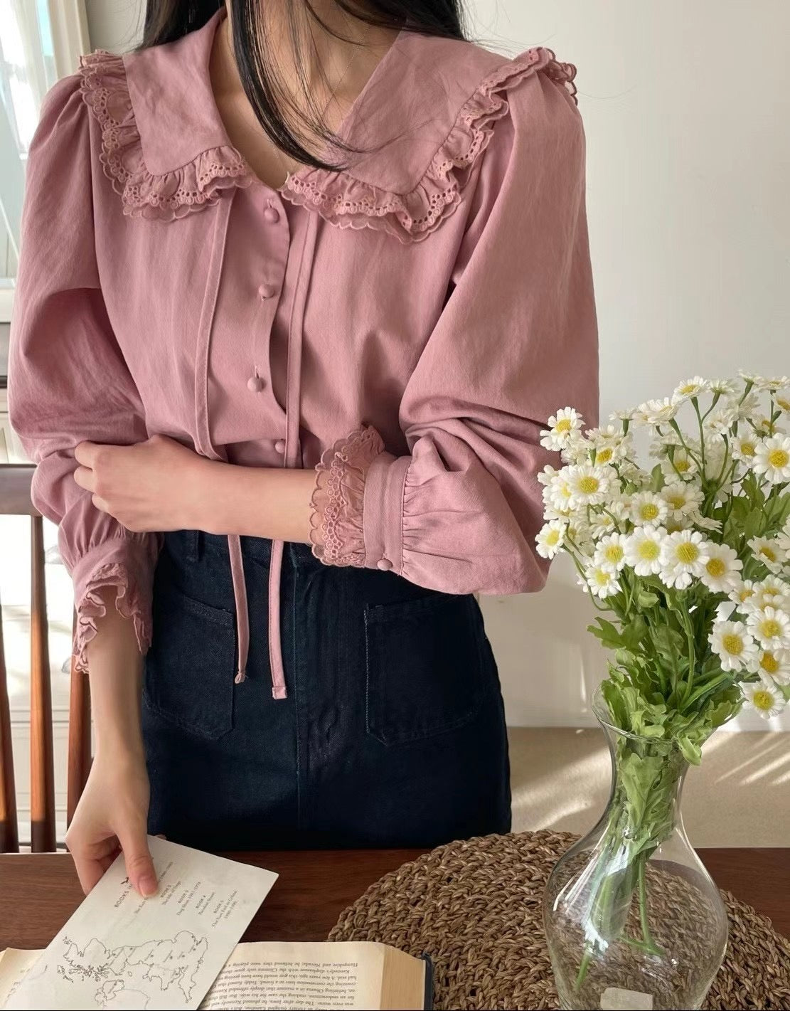 Erin premium lace trim blouse-Rose