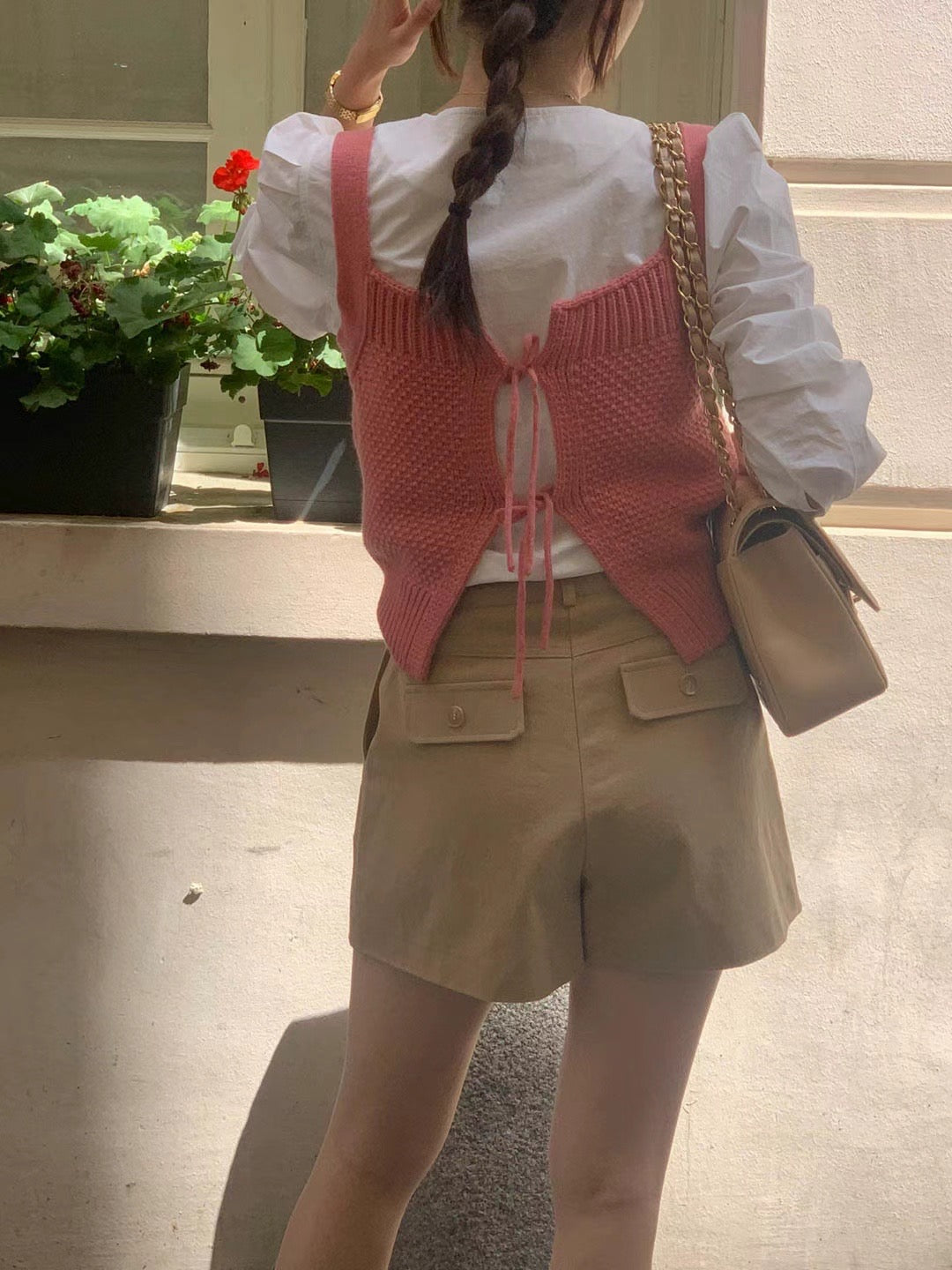 Sofia white blouse with pink wool knitted vest set