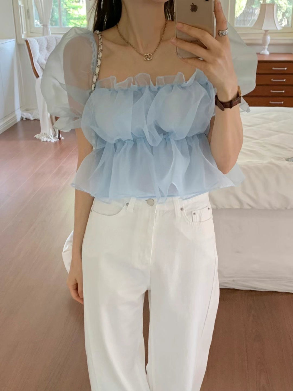 Organza shirred short sleeve blouse
