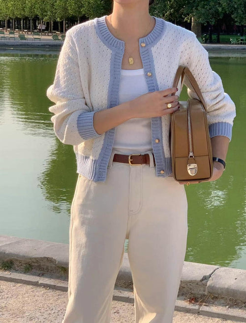 Aelia constrasting edge hollow pattern knitted cardigan with retro gold button