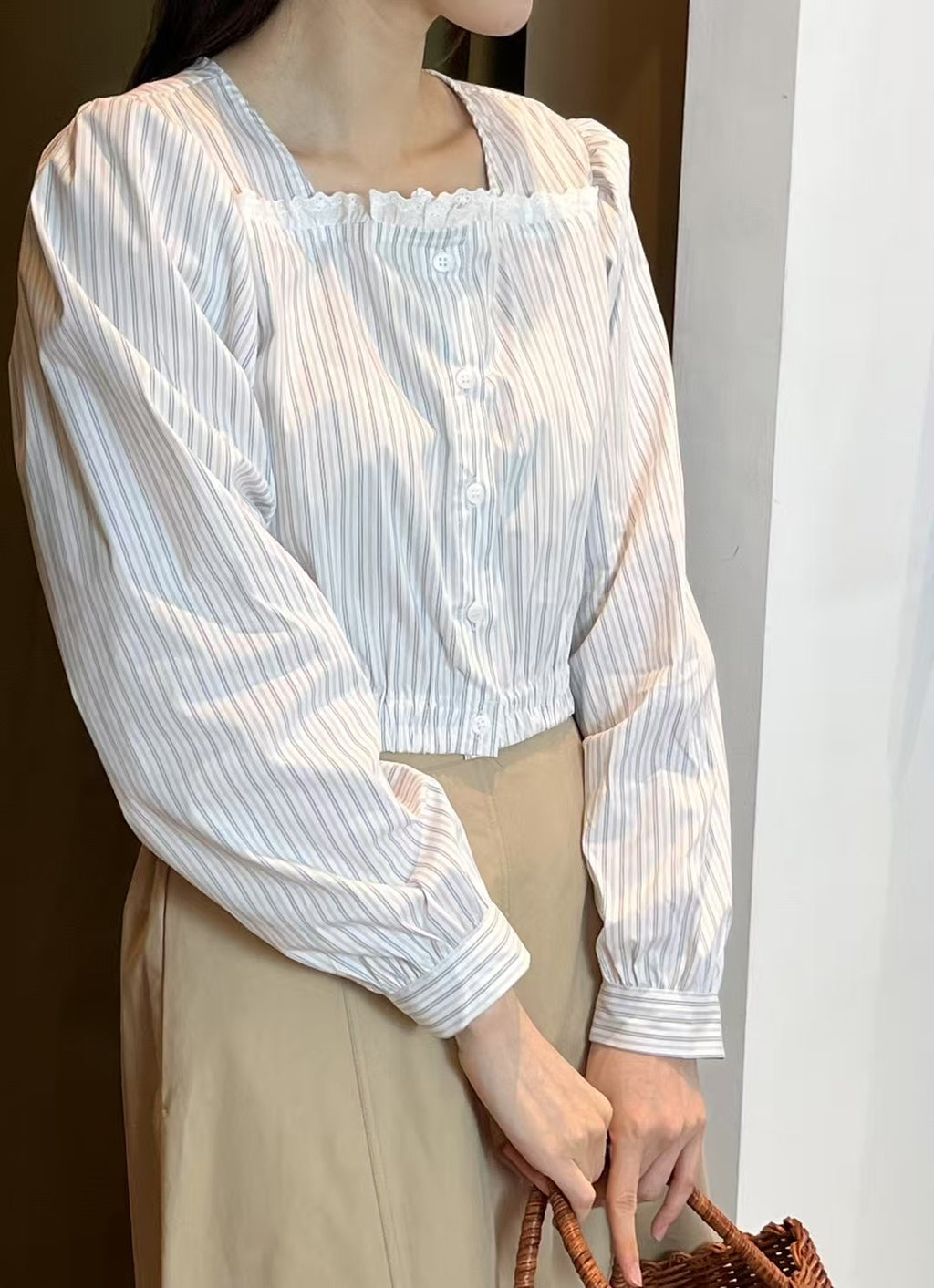 Lace stripe blouse long sleeve