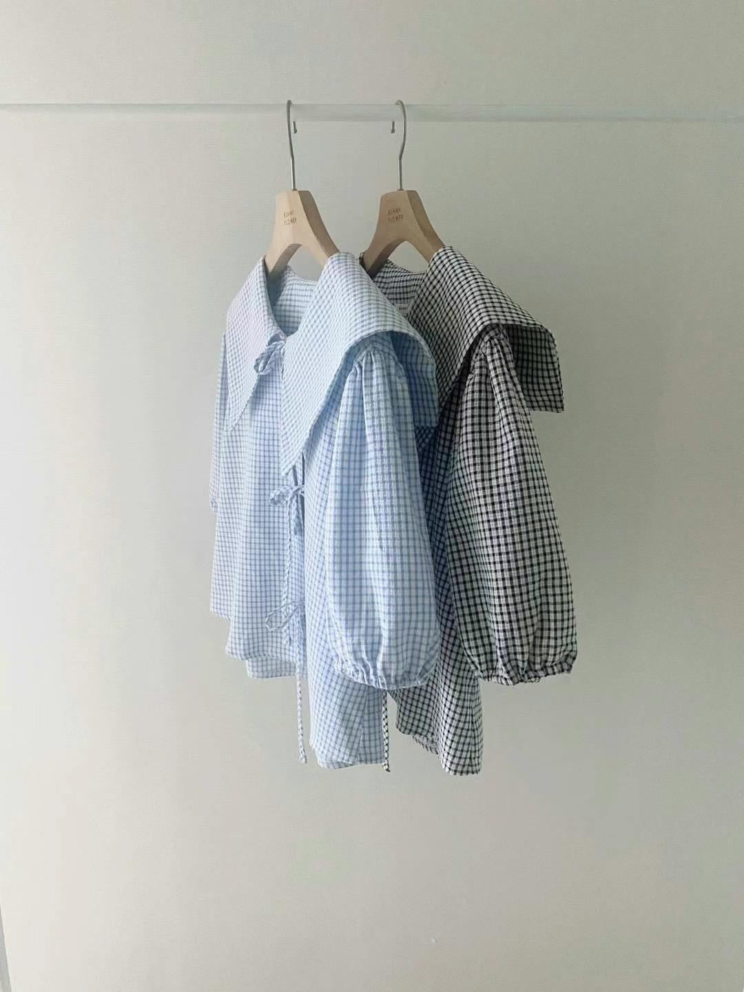 Minky Check Sailor Puff Blouse