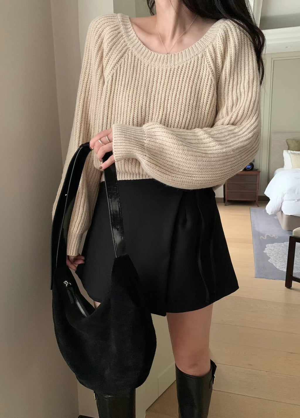Aurora French style sweet short knit sweater -beige