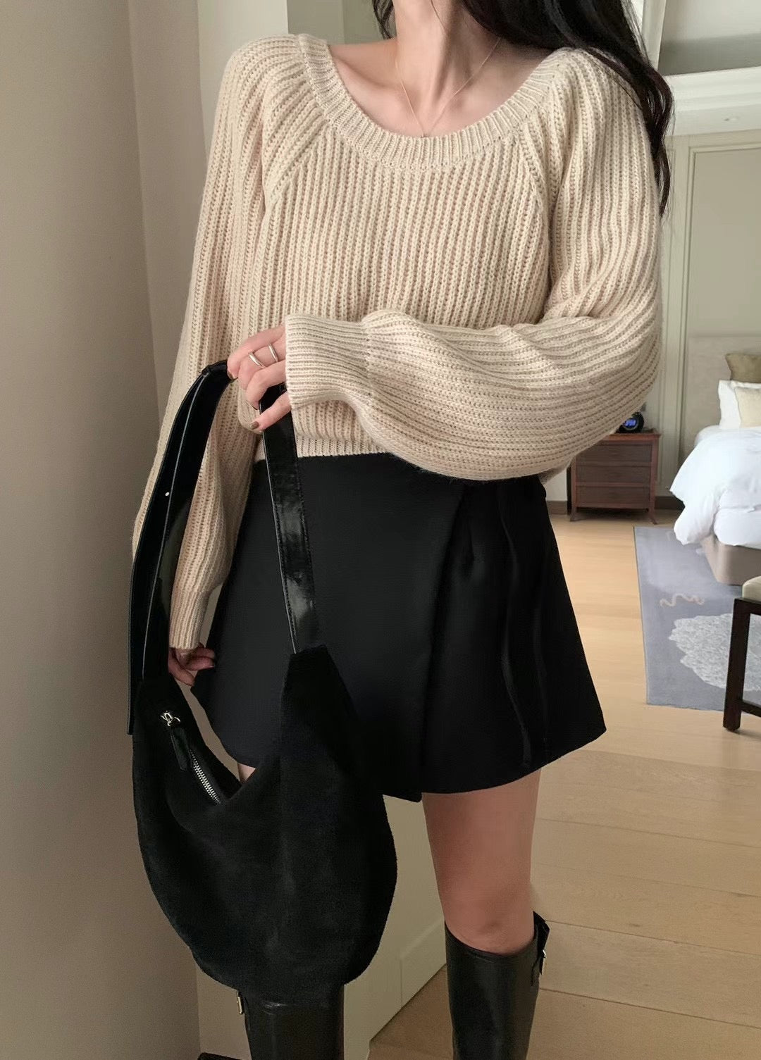 Aurora French style sweet short knit sweater -beige