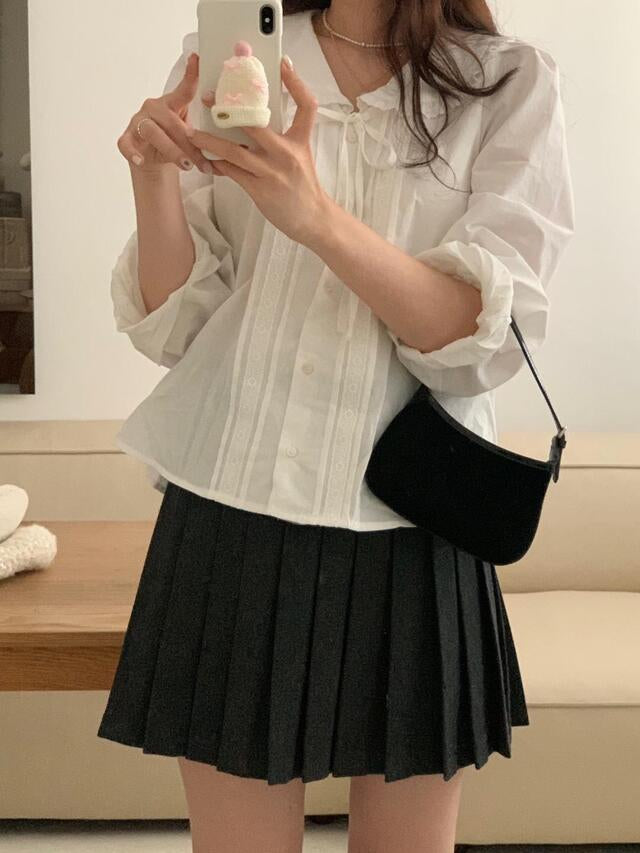 Hazel lace trimmed ribbon collar blouse